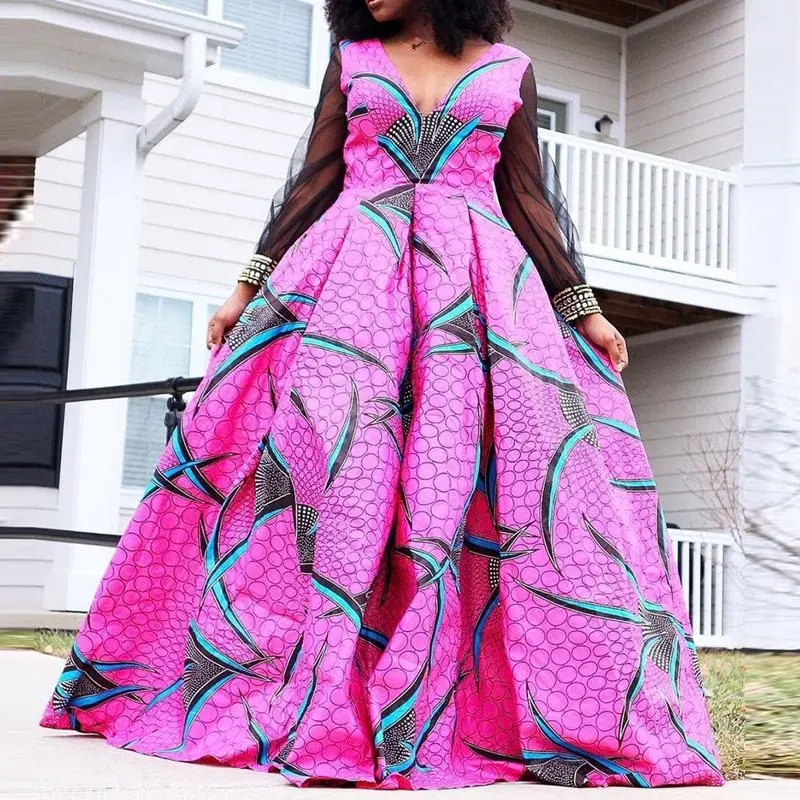 

Party Elegant Maxi Dress Women Print Sexy Deep V Evening Mesh Long Sleeve High Waist Big Swing African Robe 2019 Summer Dresses