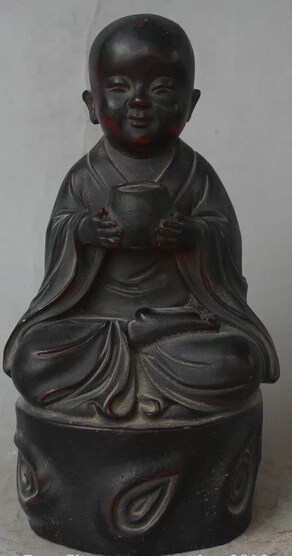 

shitou 002510 10" Chinese Bronze Seat Buddha Eminent monk Shaveling Hand Bowl Statue Sculpture