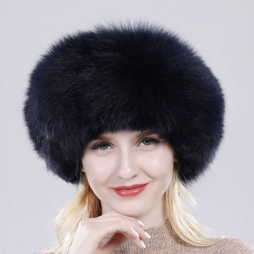 Russian Winter Natural Fox Fur Hat Warm Soft Fluffy Real Fox Fur Bomber Hats Luxurious Women Quality Handmade Real Fox Caps - Цвет: Dark blue