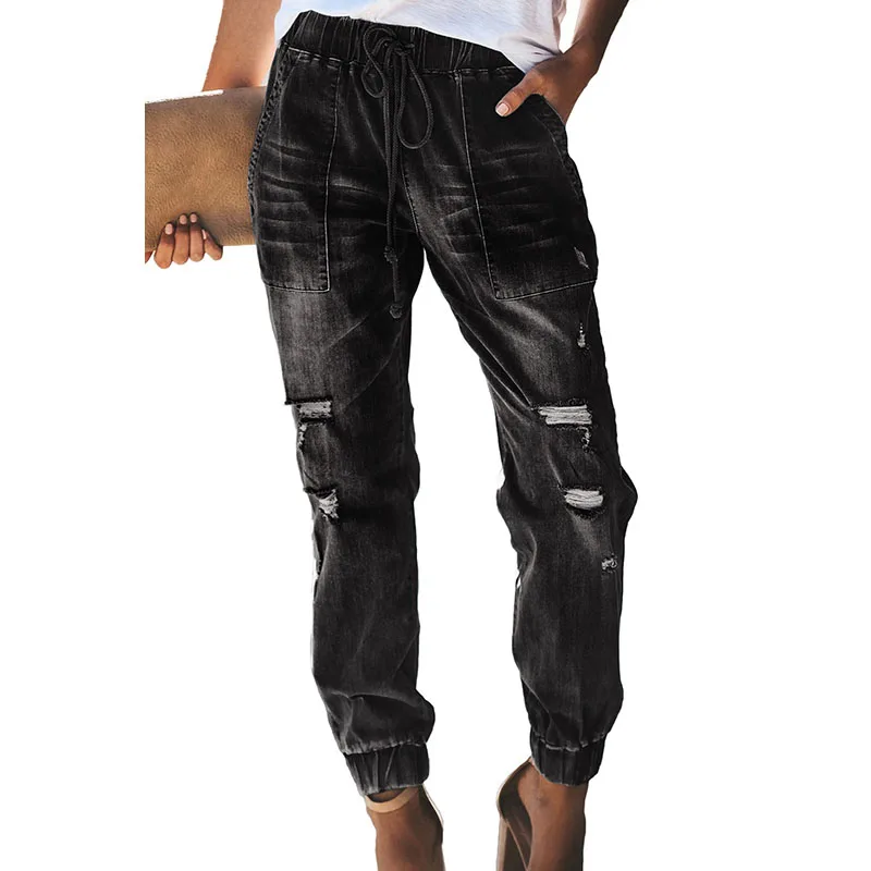 SEBOWEL Distress эластичные джинсовые штаны с карманами и завязками для женщин синие/черные женские свободные джинсовые штаны S-XXL - Цвет: Black Pants