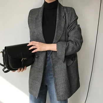 

Fall Korean Version Lattice Blazer Women Stylish Long Sleeve Suit Collar Loose Blazer Ladies Double-Breasted Slim Clothes Woman