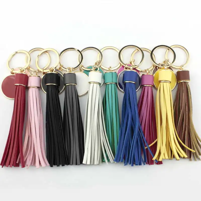 Leather Keychain Blank Tassel Monogram Enamel Disc Gold Leather