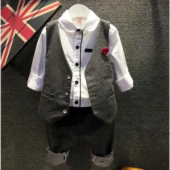 

free shipping wholesale newest gentleman fashion white paoka dot Vest red brooch shirt trousers 3pc Set boys clothing sets