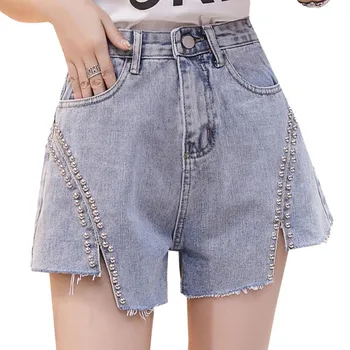 

Denim shorts women high waist 2019 new summer fashion wild slim slimming denim shorts beaded asymmetric raw shorts female JIA327