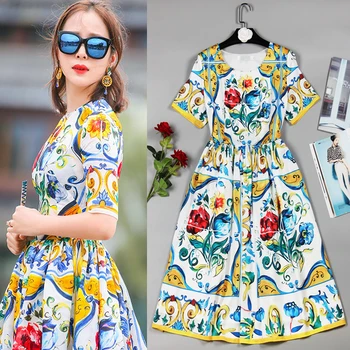 

New summer style exquisite fashion short sleeved round collar repair thin dress women's dress
