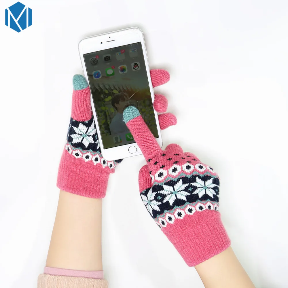 

2019 Fashion Snowflake Women Winter Knitted Gloves Elegant Warm Cashmere Full Finger Wrist Soft Cotton Mittens Screen