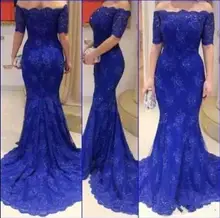 Königsblau Perlen Spitze Lange Abendkleider 2016 Weg Von der Schulter Kurzen Ärmeln Teens Formal Prom Abendkleider Couture Nach