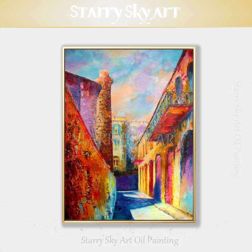 

Skilled Artist Hand-painted High Quality Colorful Azerbaijan City Landscape Oil Painting on Canvas Rich Colors Building Painting