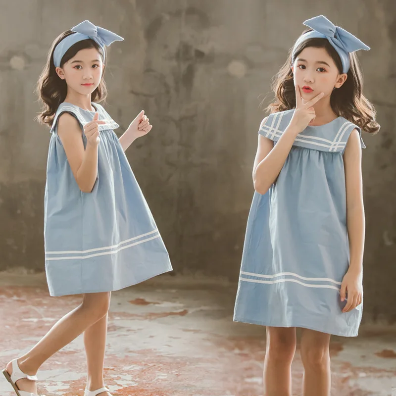 

New 2019 Girls Summer Dress Cotton Preppy Style Sailor Collar Cotton Baby Princess Dress Toddler Leisure Vest Dress Lovely,#5157