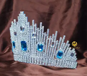 Blue Crystal Miss Universe Pageant Tiaras Large Crowns Clear Rhinestone Headpiece Wedding Bridal Prom Party Costumes