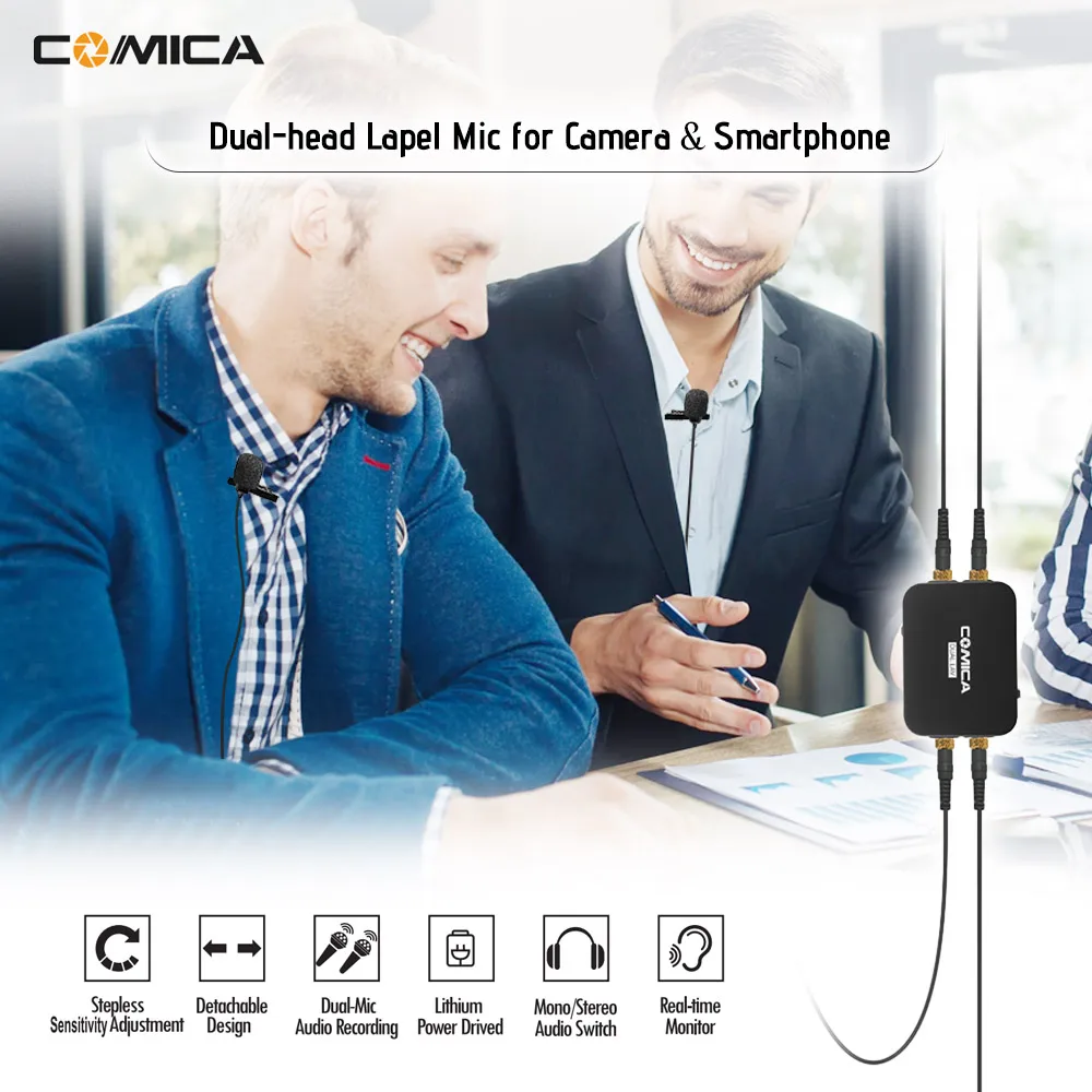 COMICA DUAL.LAV-D03 двухголовый петличный микрофон Lavalier для Canon Nikon sony DSLR камера для iPhone 6 смартфон для GoPro