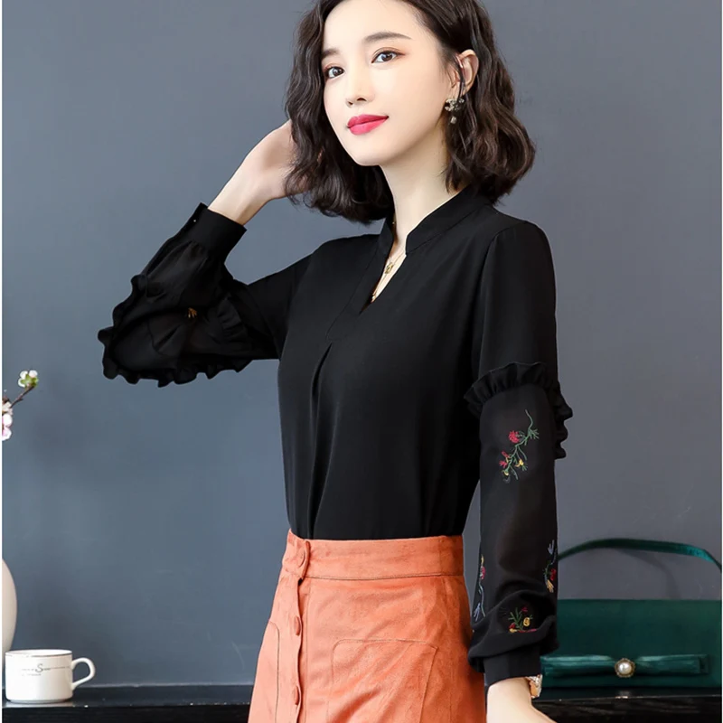 Blusas Mujer De Moda 2018 Осень Элегантный вышивка оборками блузки Для женщин с длинным
