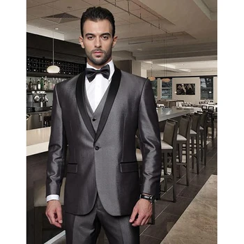 

Shiny Gray Groom men suit Tuxedo Groomsmen Shawl Lapel Wedding Dinner Evening Suits Best Man Bridegroom (Jacket+Pants+Tie+Vest)