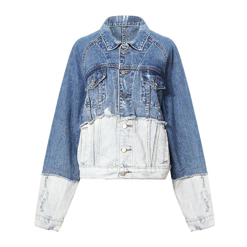 Survêtement Rue Patchwork Veste pu Jean Vintage Femmes Mode Bleu De Streetwear Taille 2 Moruancle Libre Déchiré Denim Ciel Couleur Salut Affligée nZA1vgx