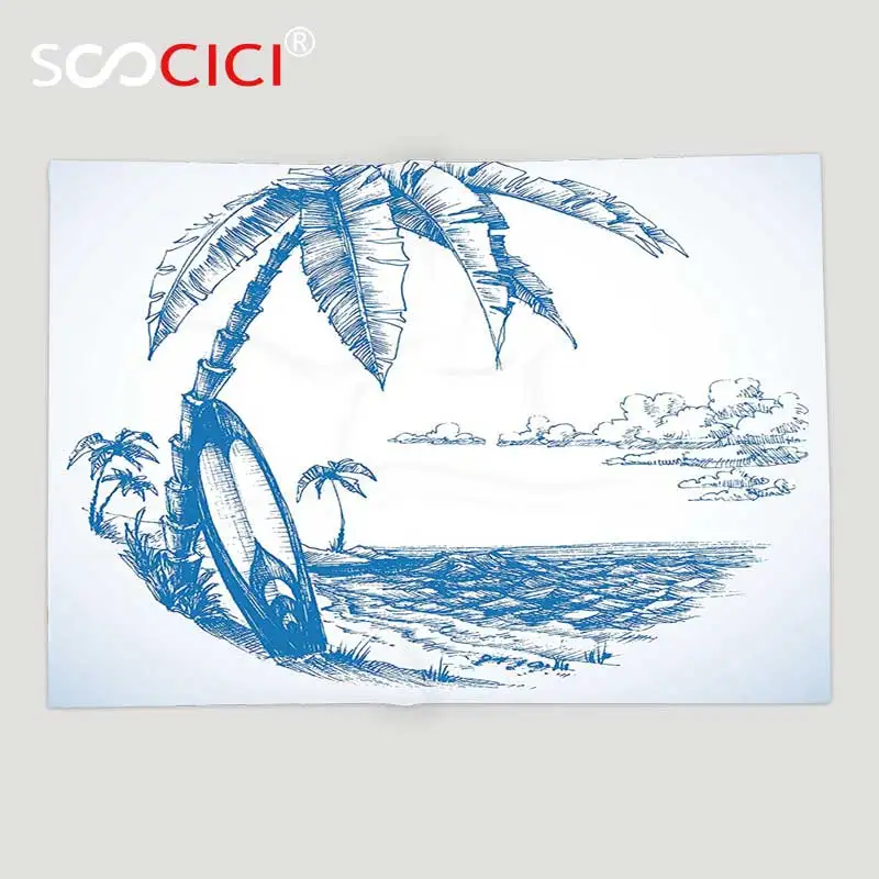 

Custom Soft Fleece Throw Blanket Surf Decor Contemporary Sketch Illustration of Hawaiian Beach with Surfboard Palm Tree
