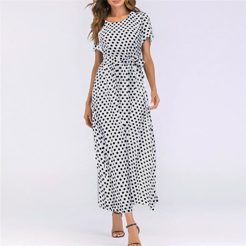  New Women Summer Vintage O-Neck Short Sleeve Beach Polka Dot Bandage Long Maxi Dress Sexy Elegant Lady Holiday New Dress #4R08 (5)