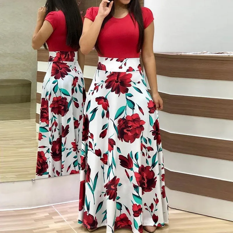 

Laamei 2019 Women Fashion Evening Party Beach Dress Floral Print Short-sleeved Floral Print Colorblock Maxi Dresses Long Dress