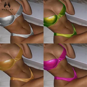 

Sexy Reflective Shiny Gold Metallic Brazilian Push Up Bikini Set 2020 Lady High Cut Swimwear Women Swimsuit Female Bathing Suit
