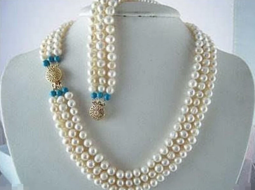 

free shipping 3 row WHITE FW PEARL NECKLACE +BRACELET SET (A0423)