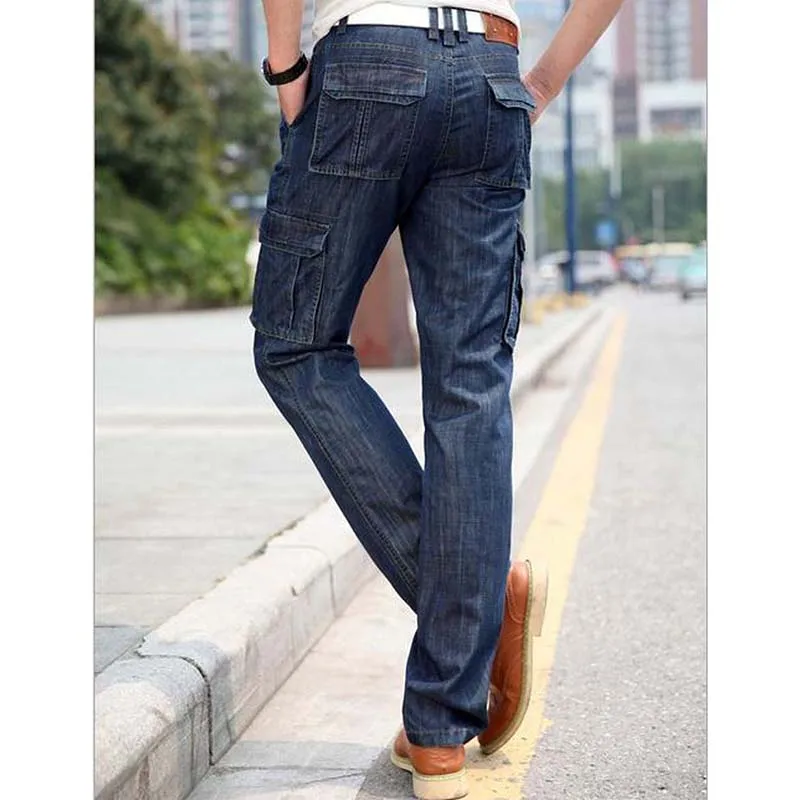 2015 New Long Pants Men Jeans Denim Trousers Mens Fashion Pants Relaxed Straight With Many Pockets Plus Size 29-42