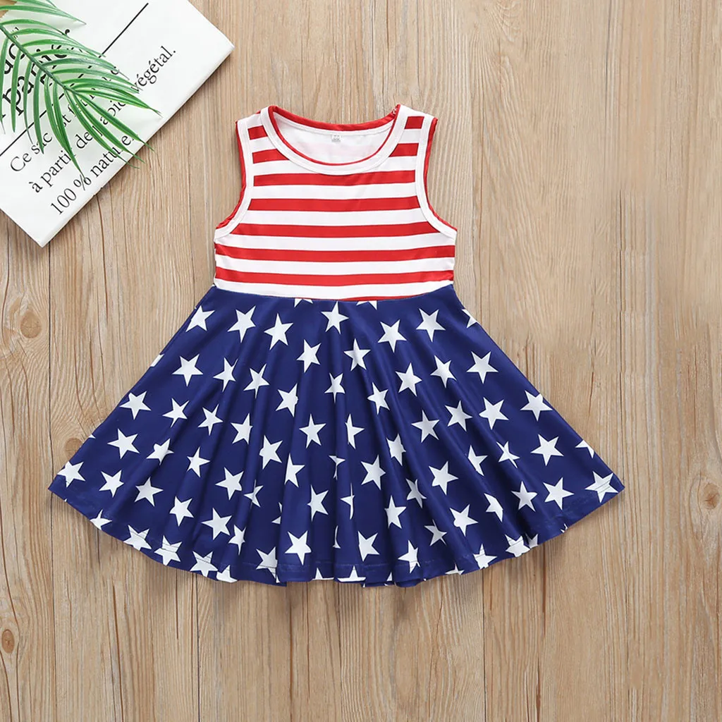 

New Style Girls Dress Toddler Baby Girls Star Print 4th Of July Fashion Dress Striped Clothes Popular Costumes For Baby Dress