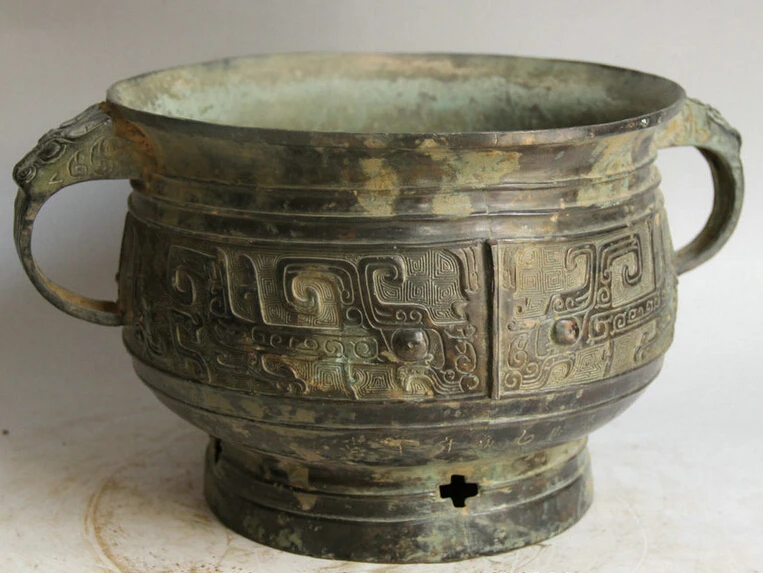 

S2284 12" Old Chinese Bronze Beast Head handle Ware vessel Pot Jar basin Burner Censer D0318