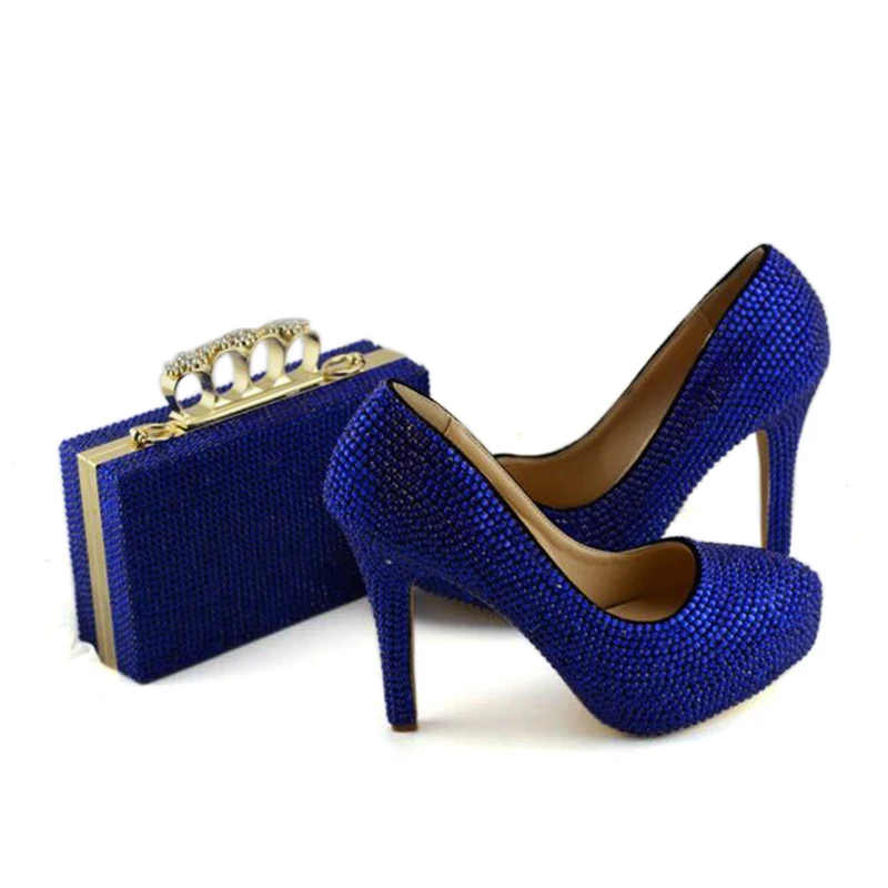 Женские вечерние туфли-лодочки ручной работы со стразами, королевские синие свадебные туфли со стразами и сумочкой в комплекте, вечерние модельные туфли с сумочкой