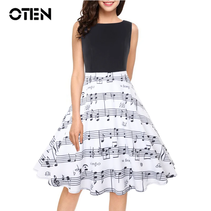 

OTEN New Arrivals 2018 Summer Vintage Music Note Print Musical Dress Sleeveless O Neck Female Casual Retro Zipper A-line Dresses