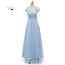 Blau Prom kleid O-ansatz A Line Bodenlangen Spitze Formales Abend Party Kleider Für Besondere Anlässe Einzigartige Echt vestido formatura