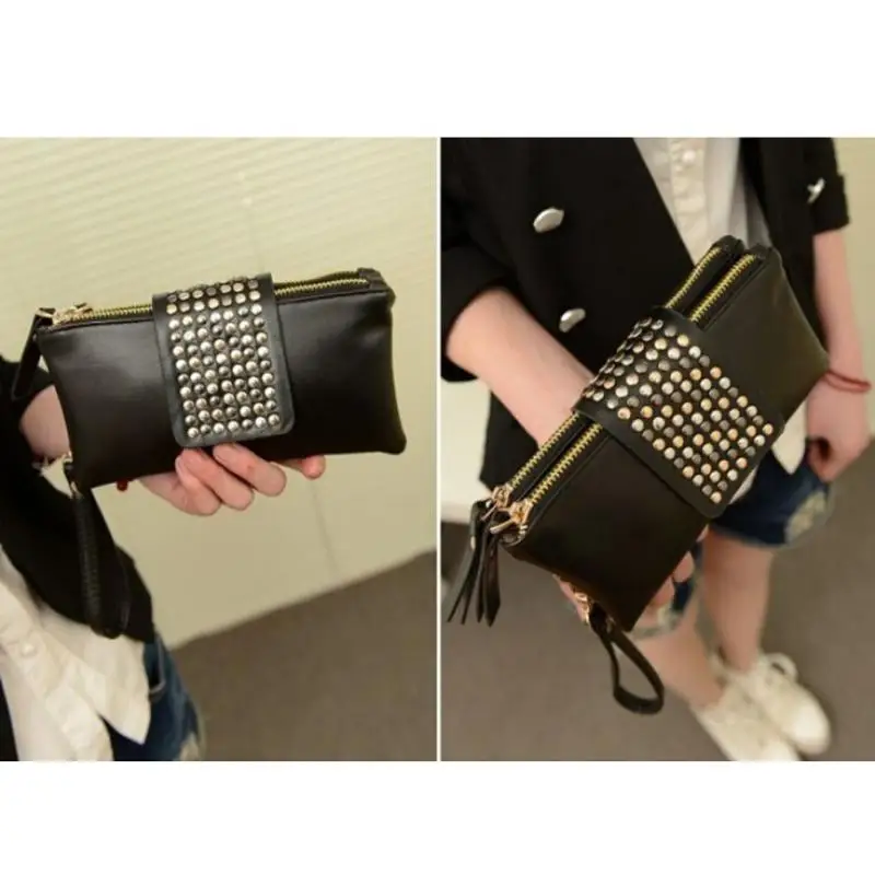 

New Clutch Handbag Women Wallet Black Rivet Stud Bag Female Wallet Women PU Leather Zipper Purses Totes Bags for Women Bolsa