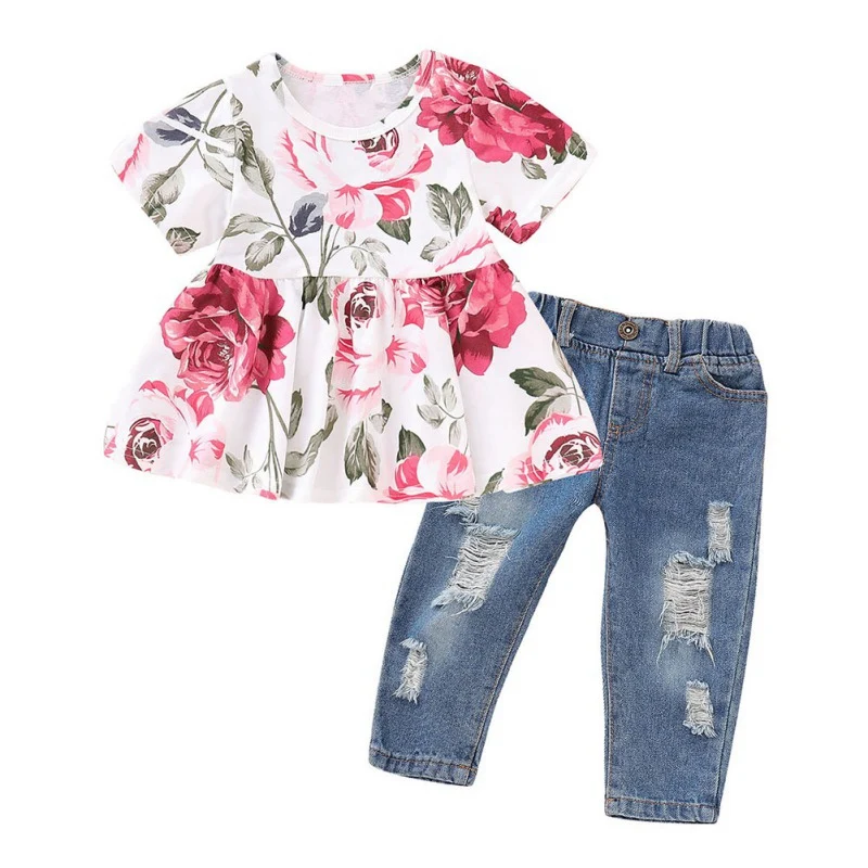 Для маленьких девочек одежда для детей комплект из 2 предметов, штаны с оборками для малышей наряды короткий рукав Цветочная рубашка, топы+ джинсовые штаны Рваные джинсы для девочек Наборы для младенцев - Цвет: Розовый