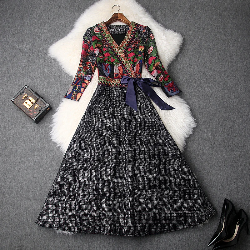 

Autumn Bow long dress 2018 new Spring fashion Work Office Patchwork dresses xl Casual women elegant Printing Retro Dress A-Line