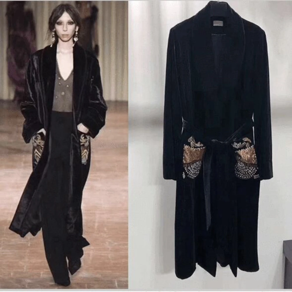Модная новинка, длинный рукав, длинный женский черный жакет, бисероплетение, бархат, v-образный вырез, пояс, карман, знаменитостей, Повседневное платье, роскошная праздничная одежда