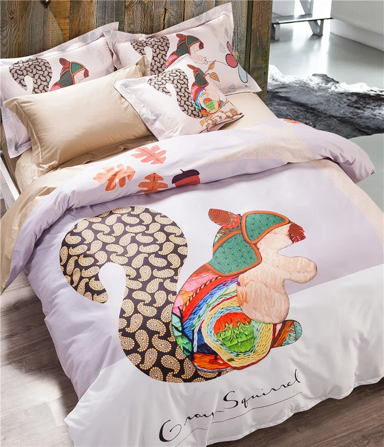 Free Shipping 100Cotton Fashion Creative Squirrel Pattern 4pcs Bedding