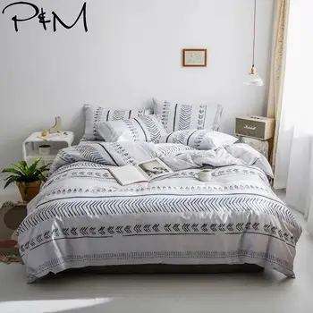 

2019 Nordic Geometric Lines Twin Queen King Size Flat Sheet Fitted Sheet Duvet Cover Set Soft Cotton Bedding Set