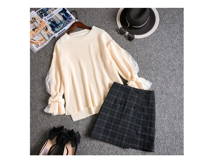 ICHOIX Sweet plaid 2 piece skirt set girl Korean style tops and skirt set S-XL two piece outfits winter women 2 piece set