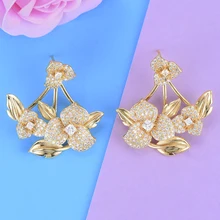 Godki роскошный 3 тон цветок листья серьги гвоздики для женщин Свадебные кубический циркон Кристалл Африка Дубай серебряные свадебные серьги новые