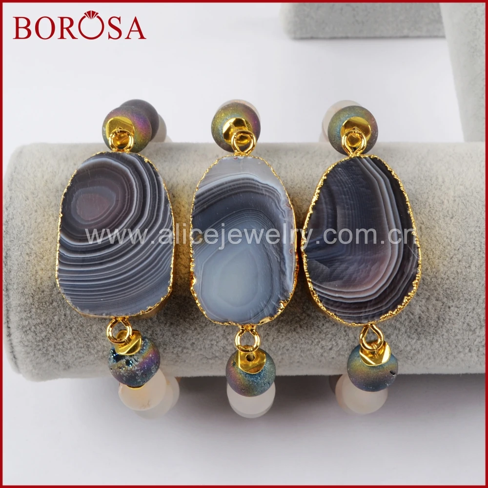 

BOROSA 1Piece Fashion Bracelets for Women, Gold Color Natural Onyx Agates Druzy Crystal With 10mm Matte Beads Bracelet G1397