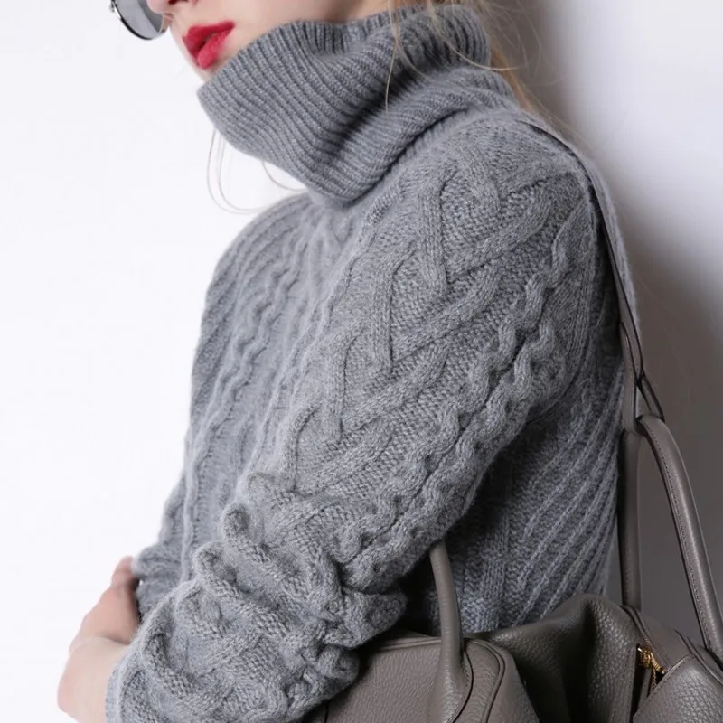 LHZSYY Winter New High Collar Thick Cashmere Sweater Fashion Solid color Twist flowers Women Sweaters Long high quality pullover