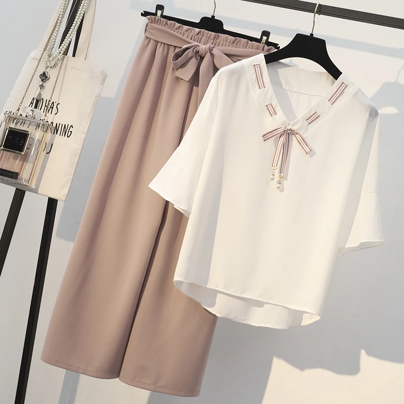 

Chiffon Tops + Wide leg pants Two Piece Sets Women's 2019 Spring Summer Temperament Slim Chiffon Suit Large size Womens Clothing