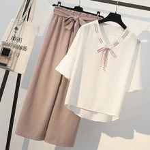 Chiffon Tops + Wide leg pants Two Piece Sets Women’s 2019 Spring Summer Temperament Slim Chiffon Suit Large size Womens Clothing