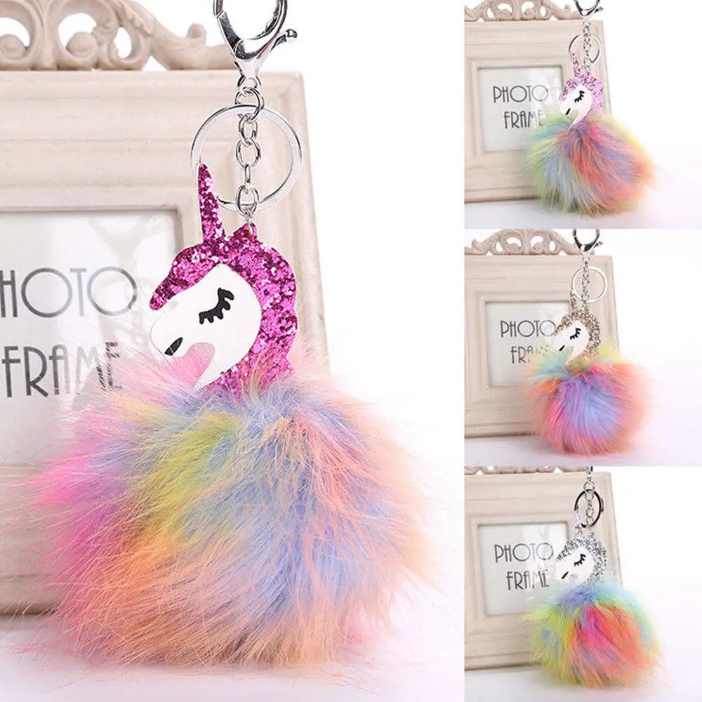 

Unicorn pompom Keychain Colorful Fake Rabbit fur ball Fluffy licorne Key Chain Horse porte clef Bag Car Keyring