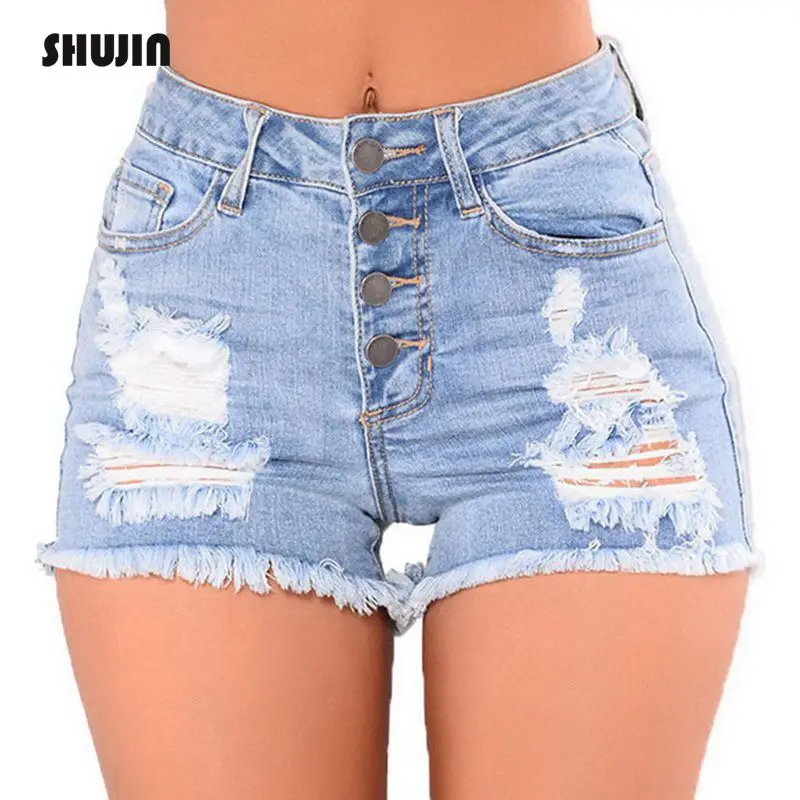

SHUJIN 2018 Shirt Jeans Fashion High Waist Denim Shorts Women Hole Ripped Summer Streetwear Female Casual Shorts Plus Size