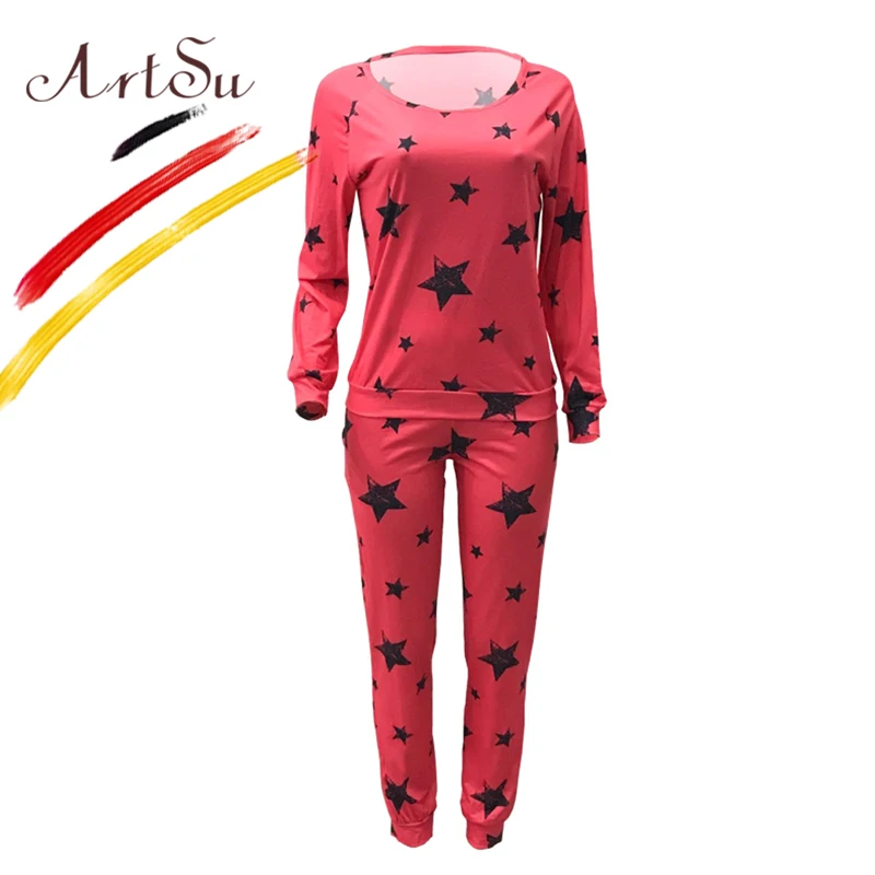 

ArtSu Cotton 2 Piece Pajamas Sets For Women 2017 Autumn Winter Casual Sleepwear Oversized Star Printed Nightgown Nuisette Femme