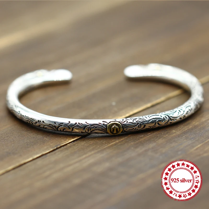 

S925 Sterling Silver Open Bangle personalized retro fashion Indian bird feather style high-end carved simple bracelets send gift