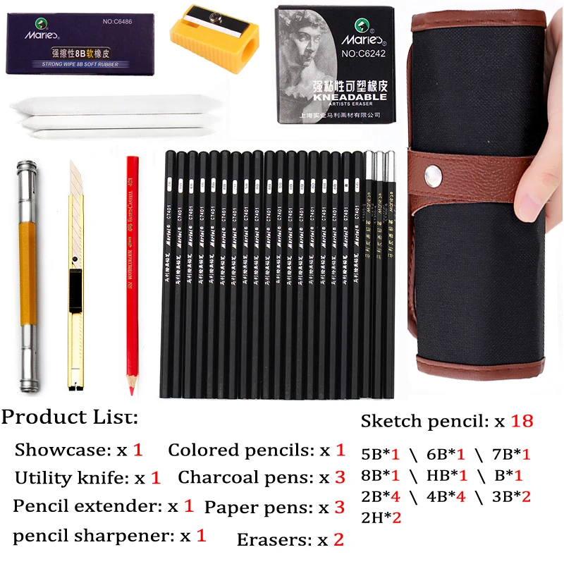 Online 31 teile satz Tragbare outdoor zeichnung kunst liefert Skizze Bleistifte fall Holzkohle Radiergummi Cutter Kit Tasche Kunst Handwerk Für Zeichnung Werkzeuge