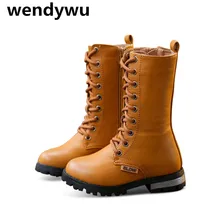 WENDYWU/осенне-зимние ботинки до середины икры для маленьких девочек; обувь из искусственной кожи; модные детские ботинки; брендовые мотоботы для мальчиков