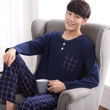 Yidanna мужской пижамный комплект с длинными рукавами для мужчин, повседневная одежда для сна, Хлопковая пижама для отдыха, ночные рубашки+ полосатые штаны, домашняя одежда, 2 предмета, осень