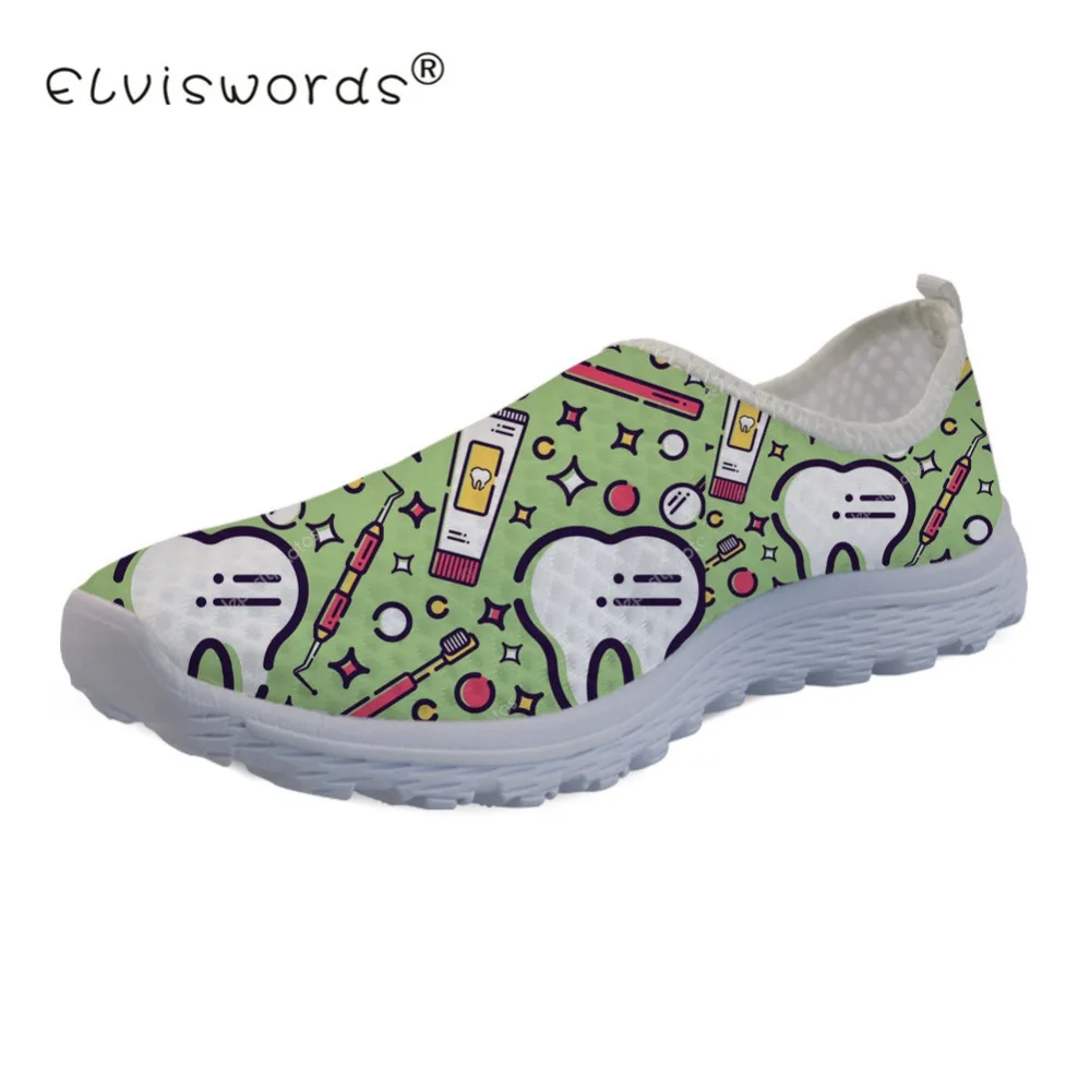 

ELVISWORDS Flat Sneakers Women Cute Dentist Tooth Medical Pattern Fashion Ladies Walking Mesh Breathable Loafers Sapato Feminino