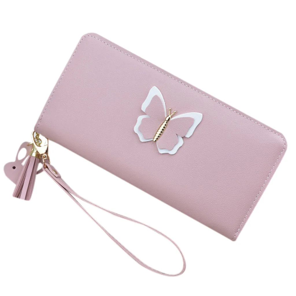Женский Длинный кошелек на молнии с бабочкой, Большая вместительная сумка для мобильного телефона, кошелек для монет, Женский кошелек, Длинный кошелек, carteira de couro# BYY30 - Цвет: Pink